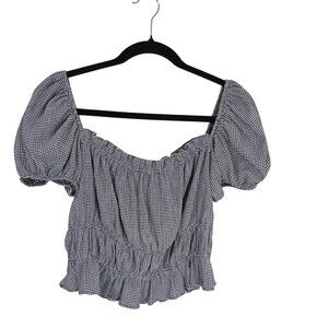 Gingham Puff Sleeve Smocked Top By MNG Checkered Sz S Lightweight Fabric Elastic